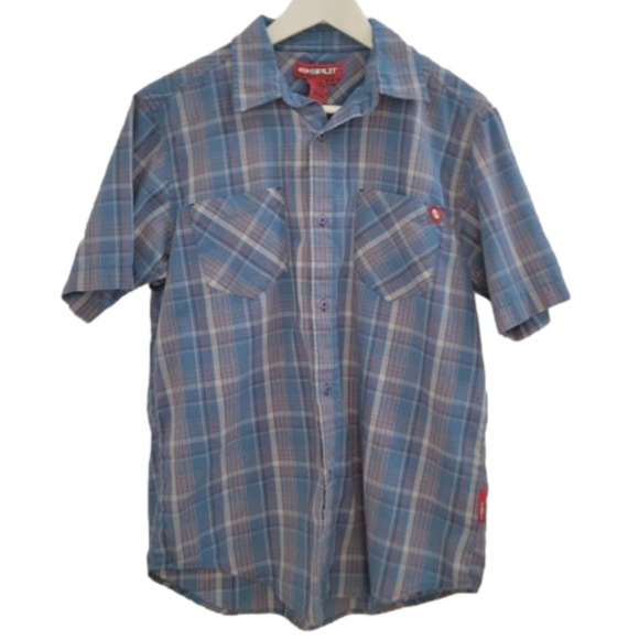 Split Men's Short Sleeve Button Down Classic Blue Plaid Print - Picture 1 of 11